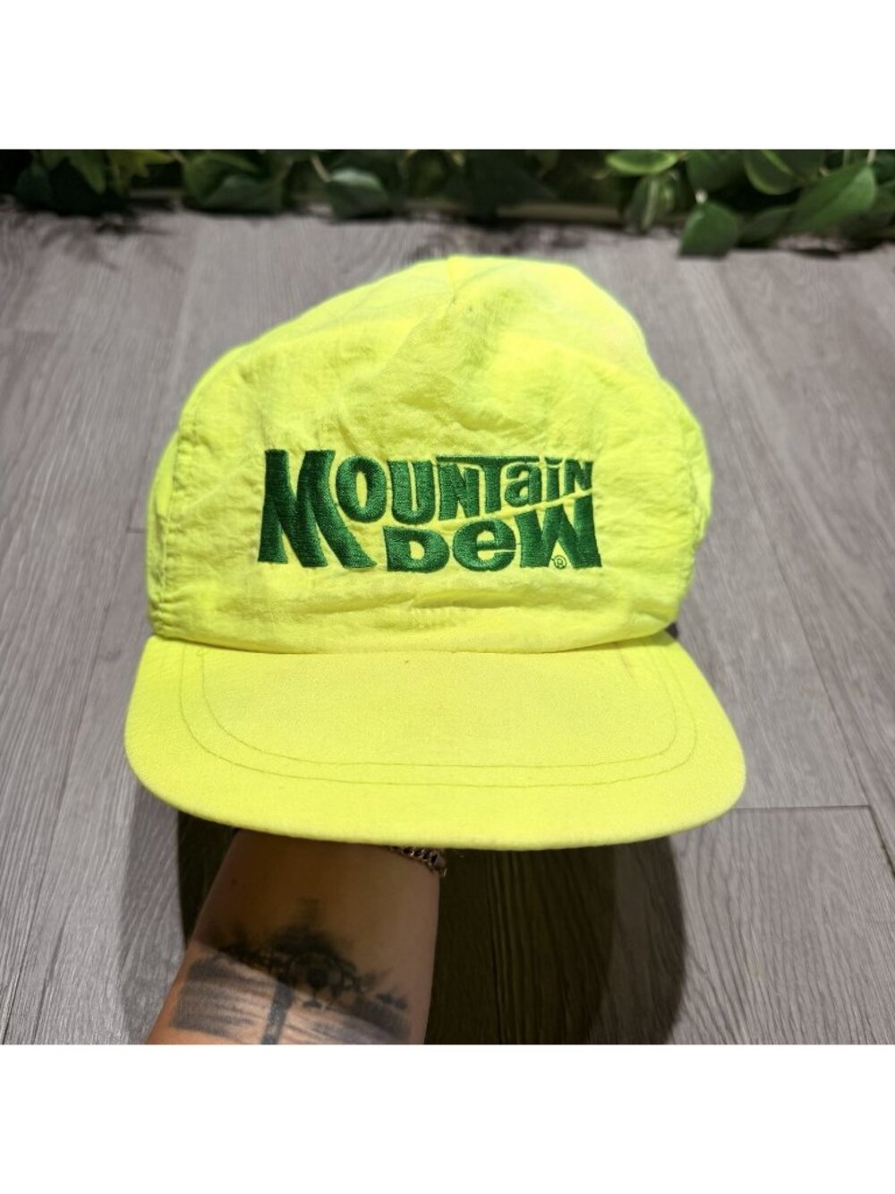 Vtg 80s Mountain Dew Cap Snapback Hat Adjustable Side Out Neon Green